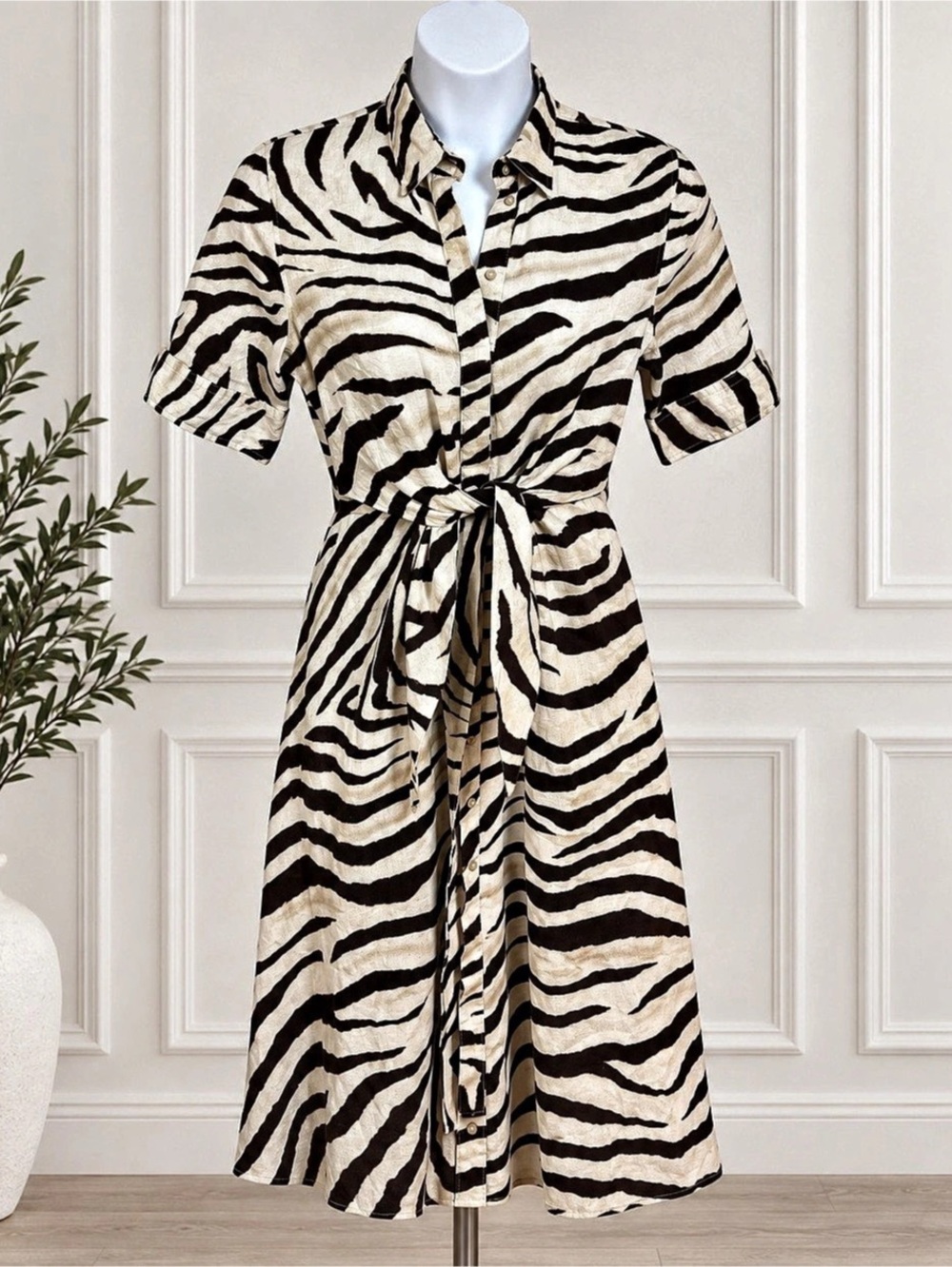 Lauren Ralph Lauren Zebra Print Belted Shirt Dress Size 10 Brown Tan